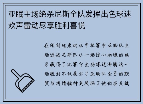 亚眠主场绝杀尼斯全队发挥出色球迷欢声雷动尽享胜利喜悦