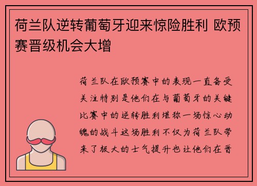 荷兰队逆转葡萄牙迎来惊险胜利 欧预赛晋级机会大增
